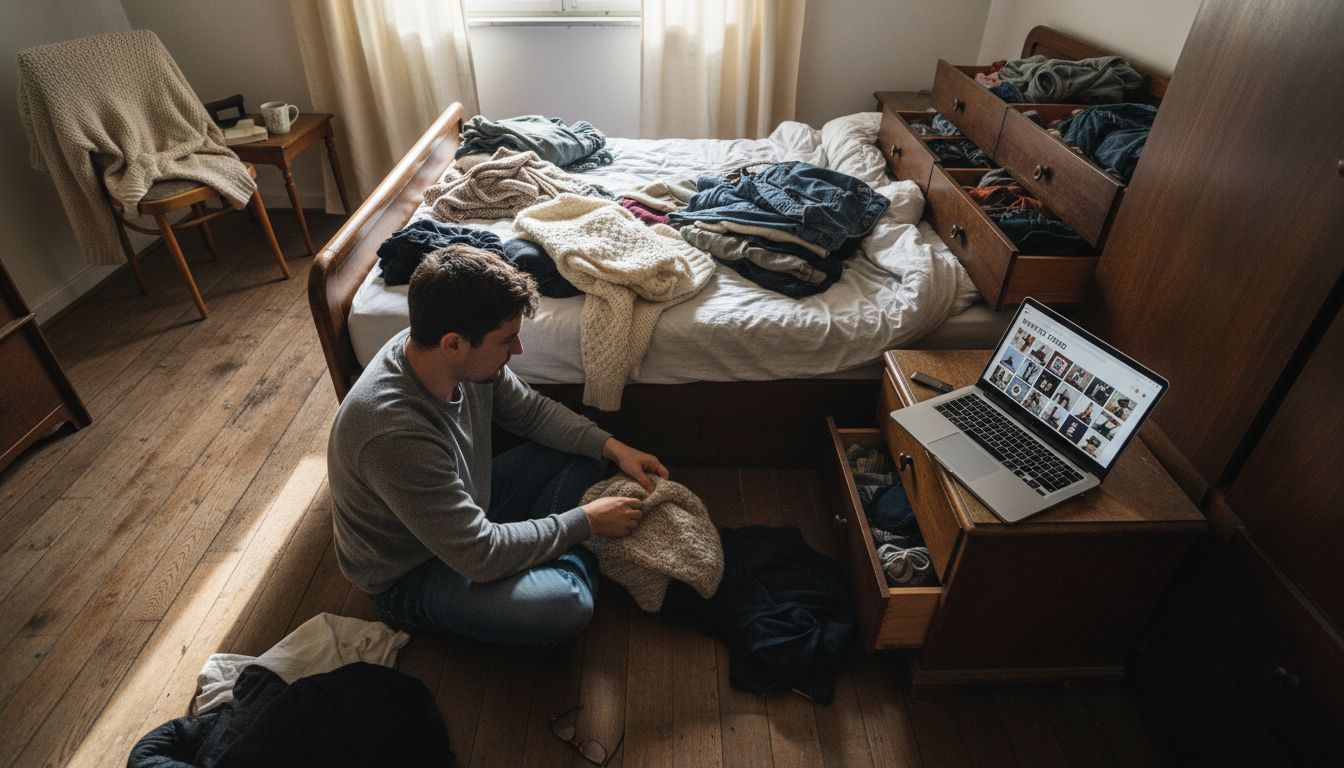 Man plans winter wardrobe using laptop moodboard