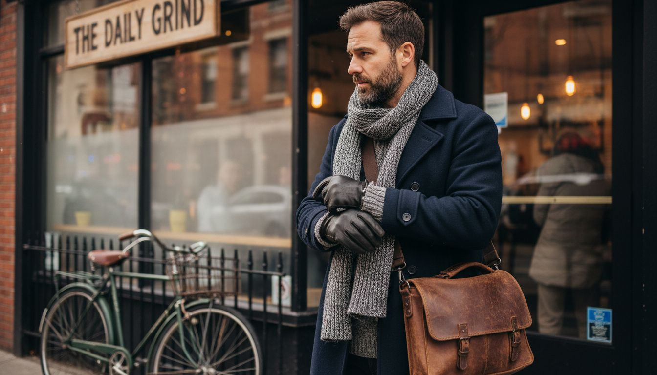 Man adding gloves and scarf winter outfit