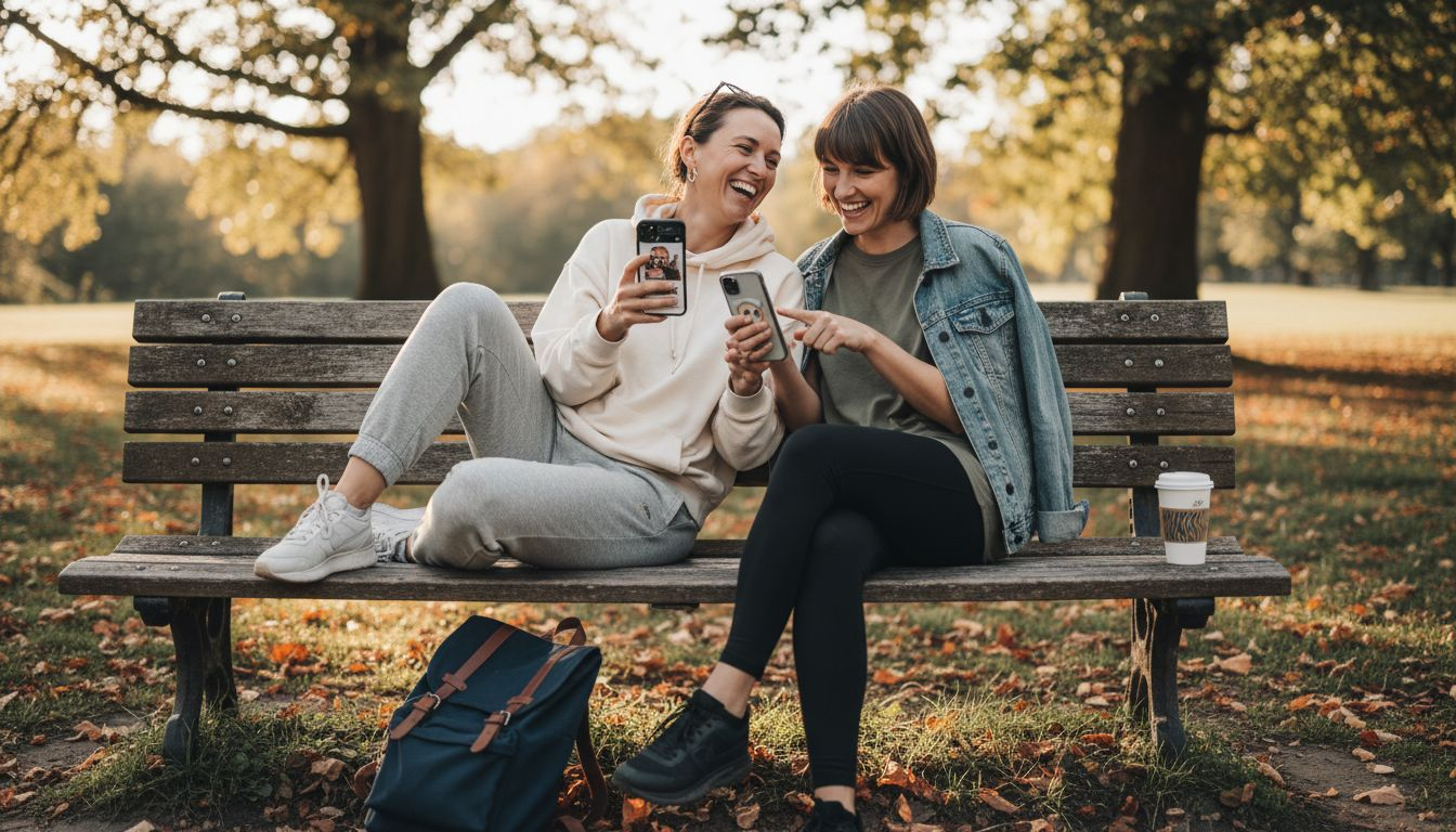 Friends laughing in comfortable clothing outdoors