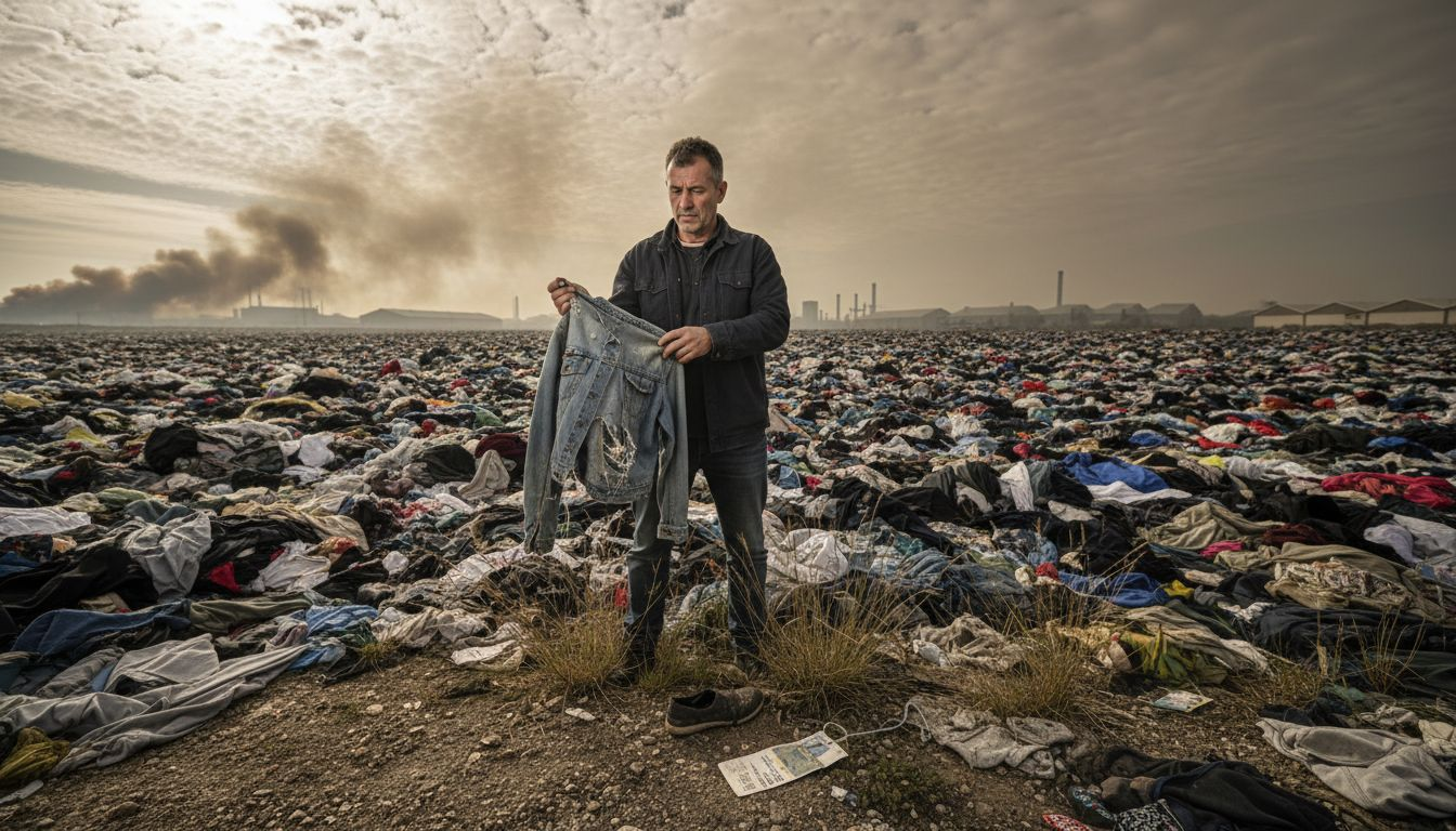Worker in landfill sorting discarded clothes