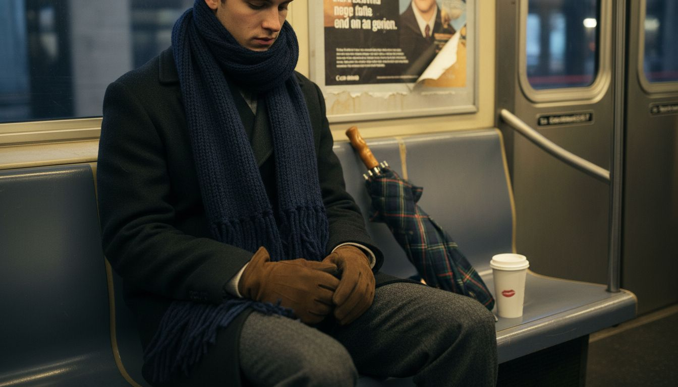 Man pairing textured winter accessories on subway