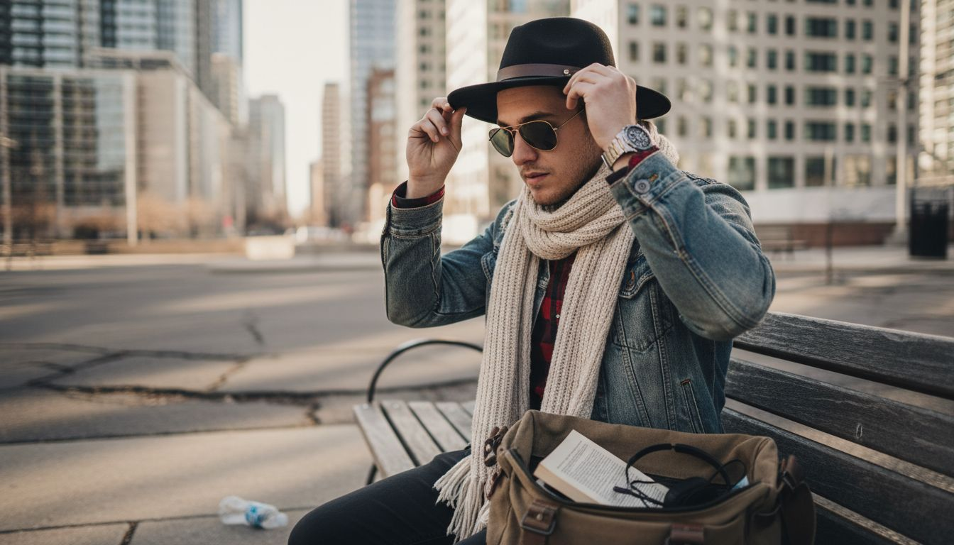 Man in park with multiple accessories