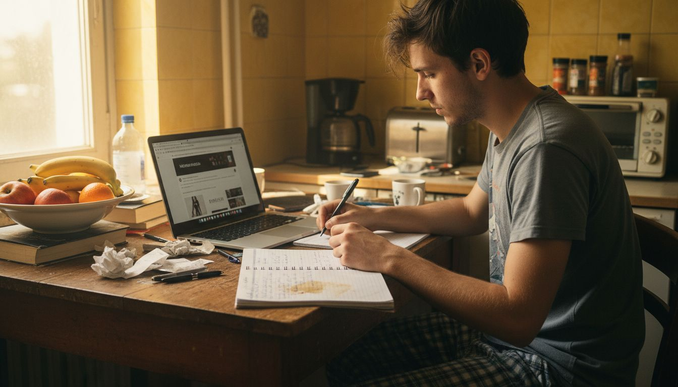 Man analyzing online fashion reviews at kitchen table