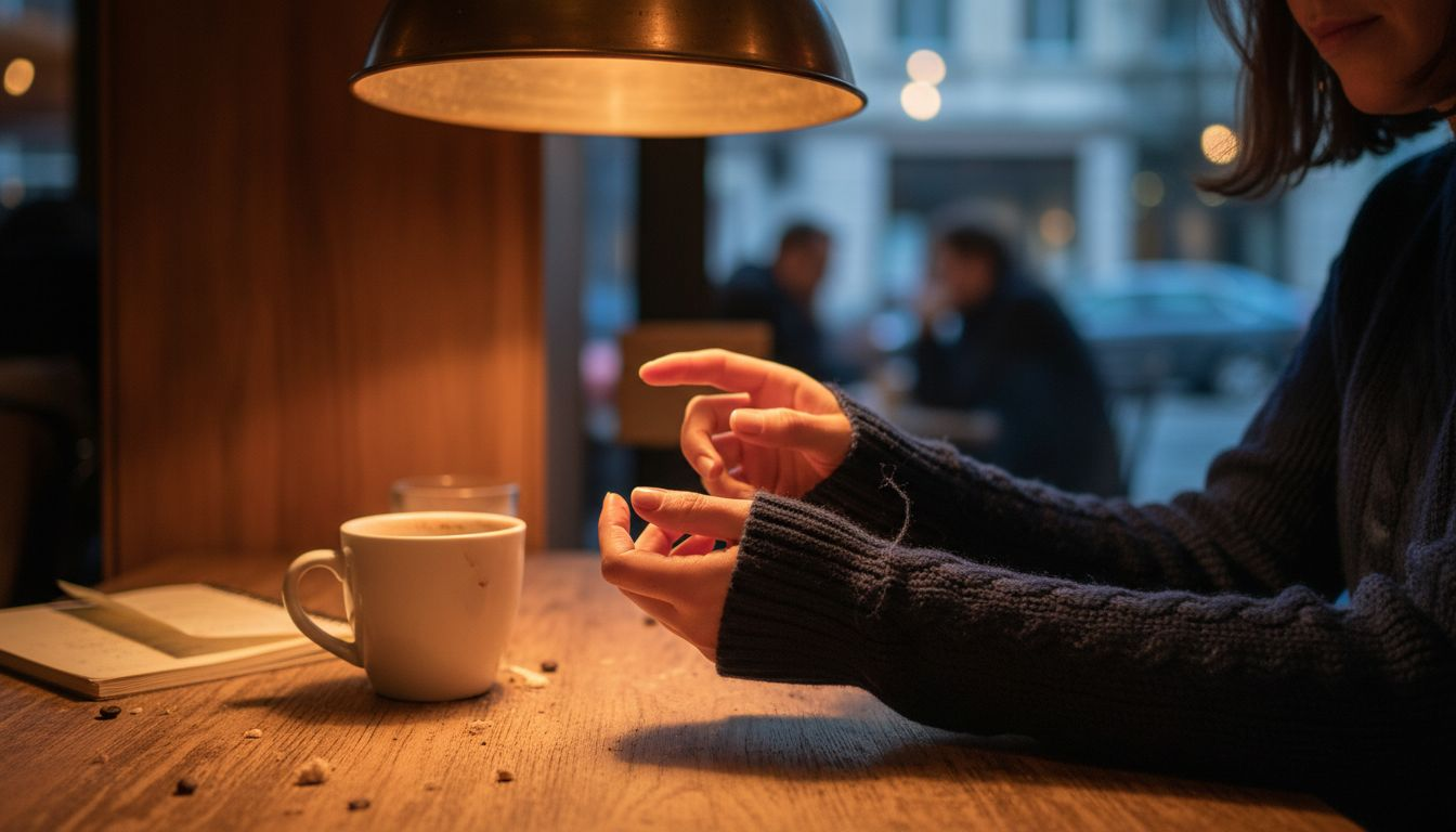 Hands adjusting knitted pullover in café