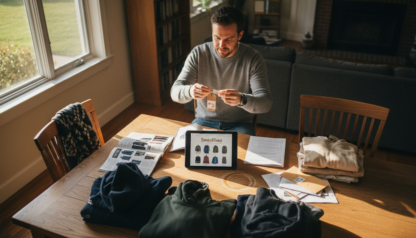 Man comparing apparel promotions with tech and catalogs