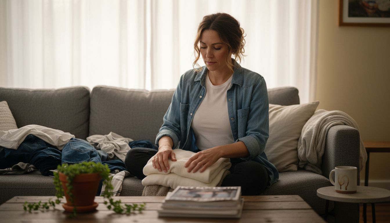 Person layering t-shirt at home