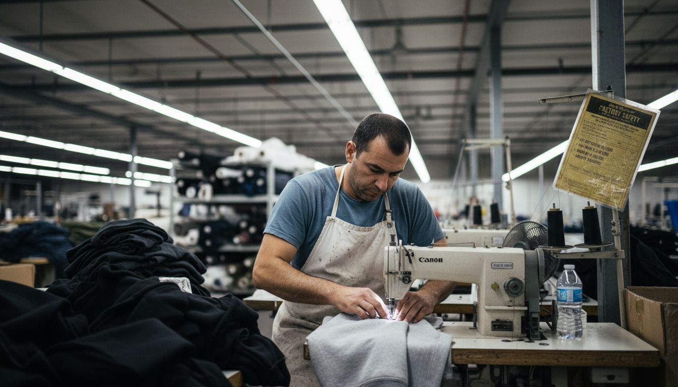 Factory worker sews hoodie at fair labor factory