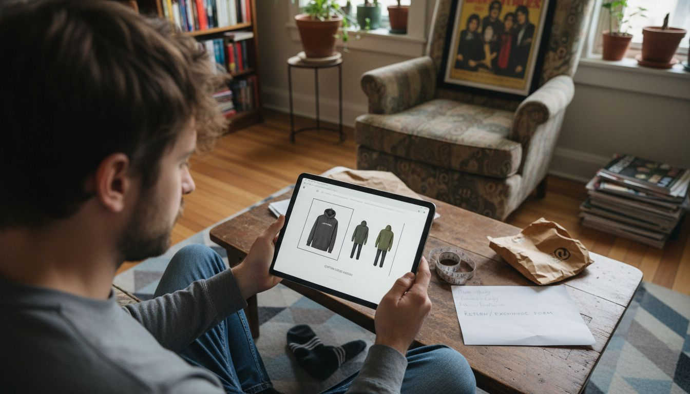 Man reviewing multiple clothing product images
