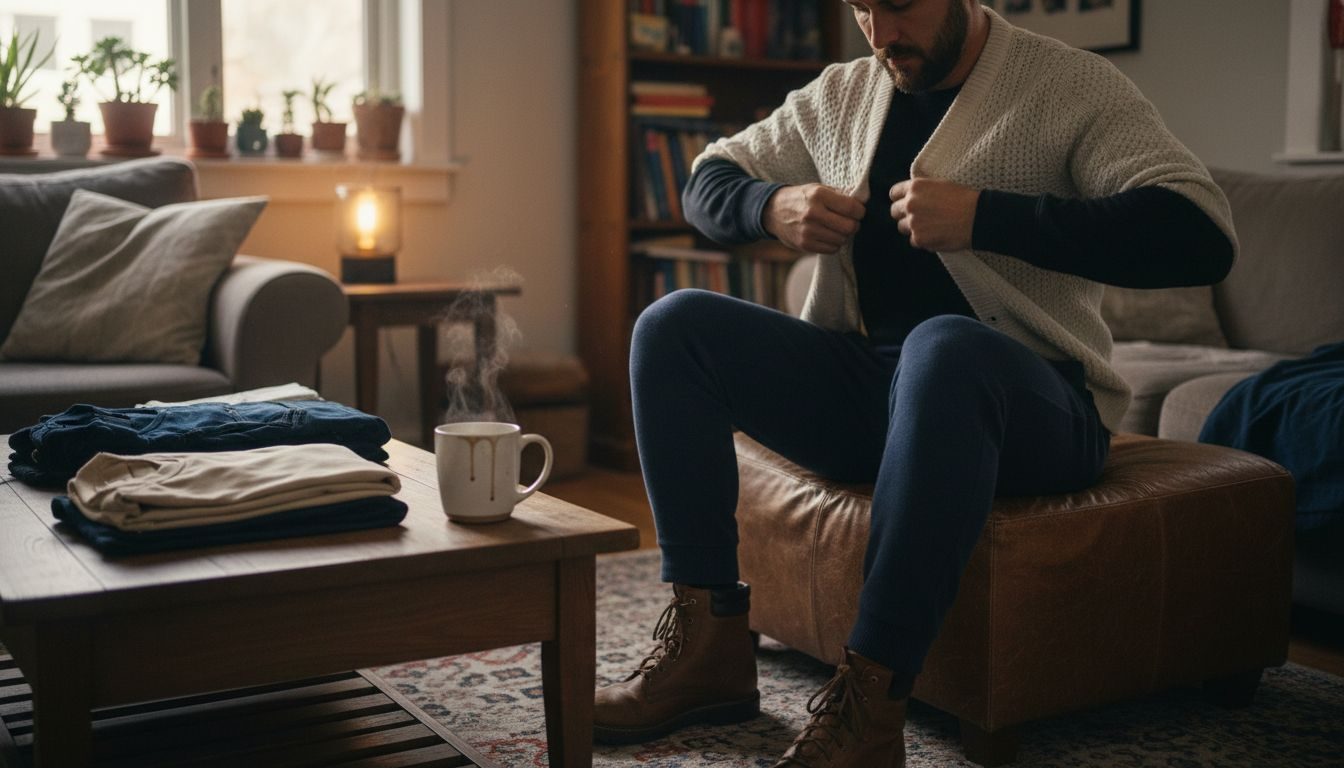 Man layering winter core clothing pieces