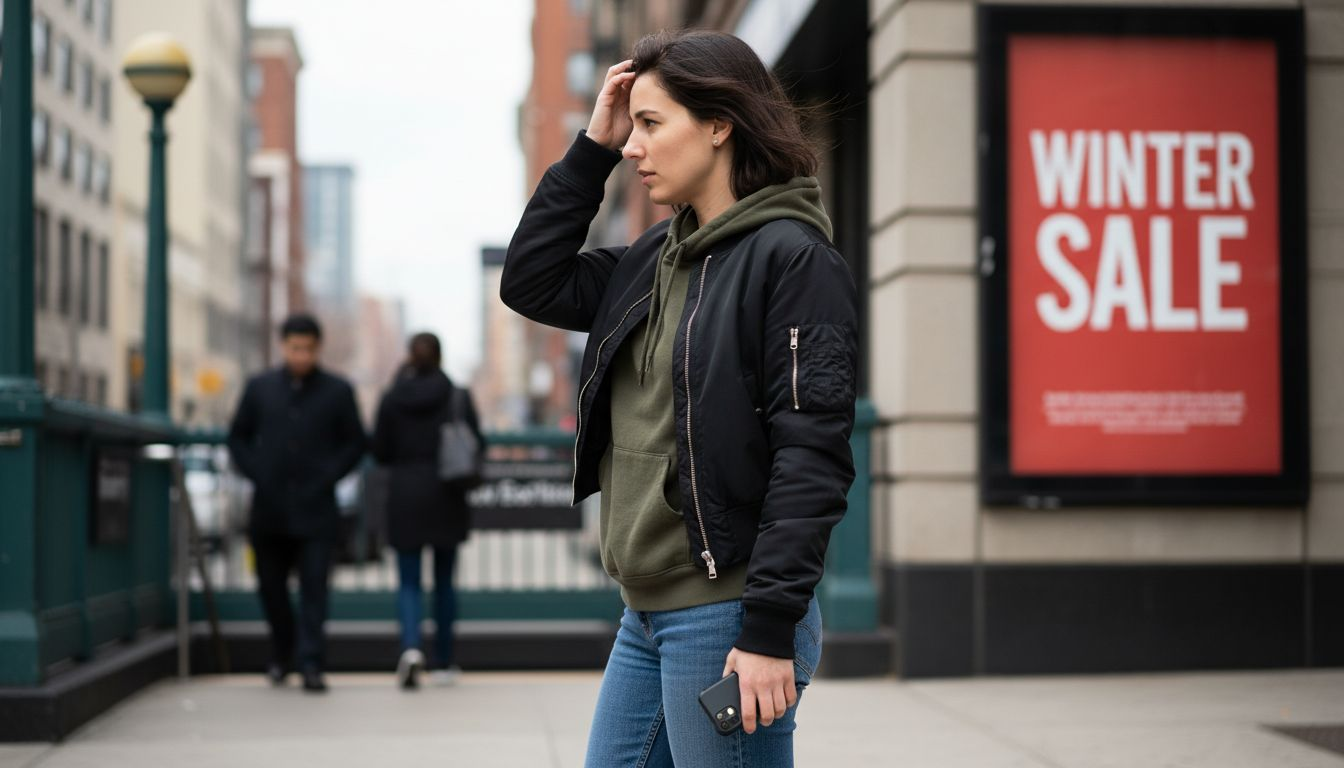 Woman layering hoodie under bomber jacket