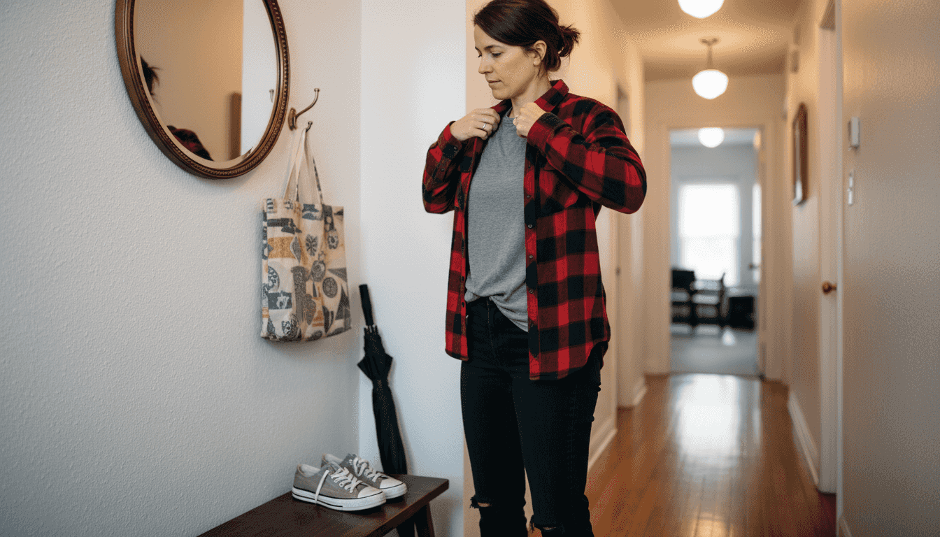 Woman layering T-shirt and flannel by entryway