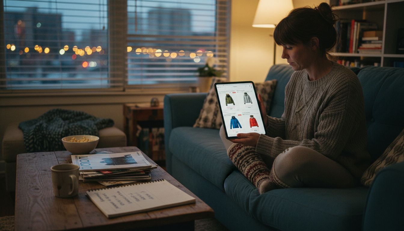 Woman compares winter jacket prices online