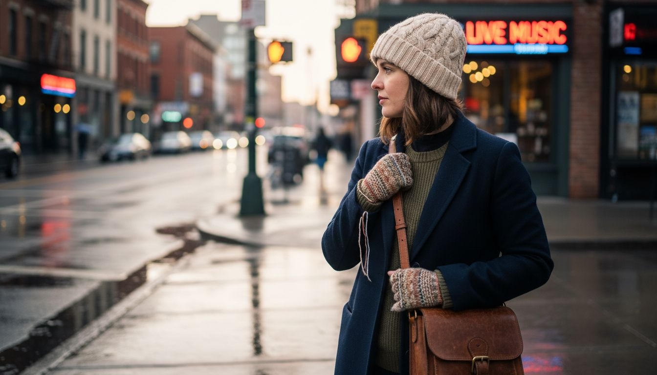 Woman in layered winter casual outfit at crosswalk