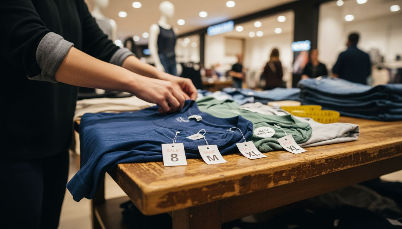 Closeup of clothing tags showing sizing labels