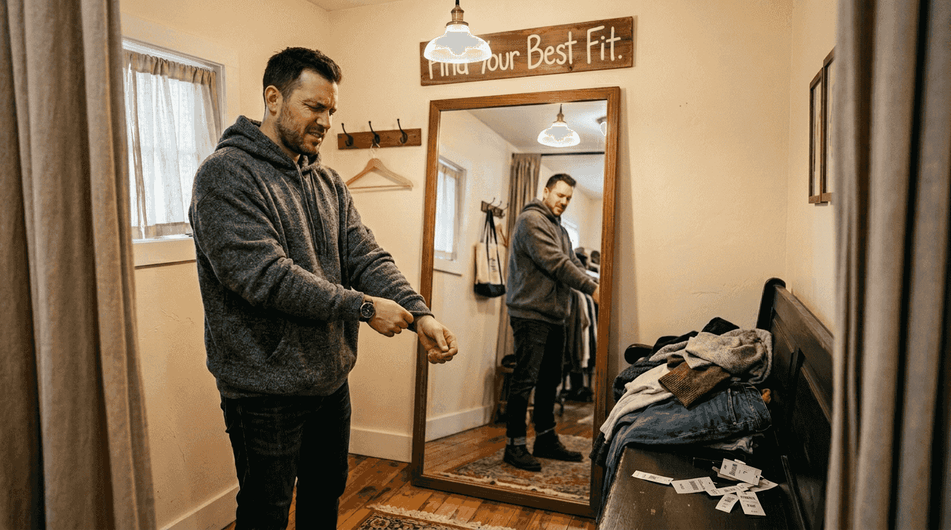 Shopper trying on winter hoodie for fit