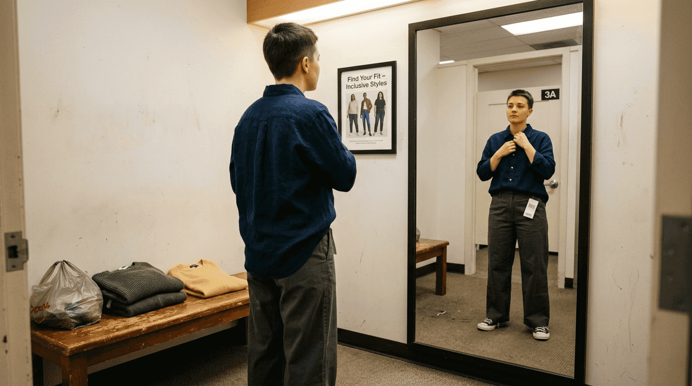 Person evaluating gender-neutral fit in dressing room
