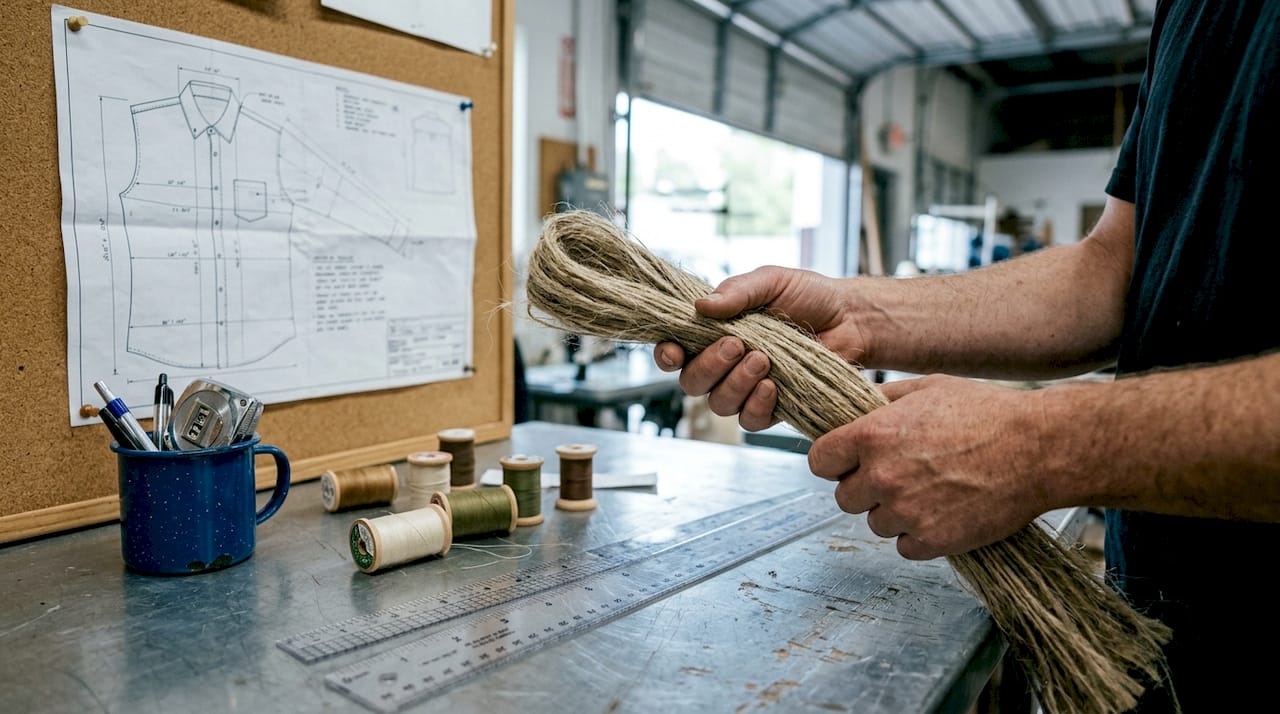 Hands holding raw hemp fibers in factory workspace