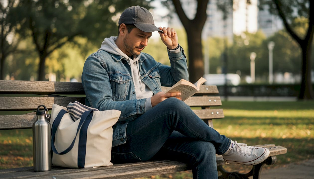 Man adjusts baseball cap at park bench