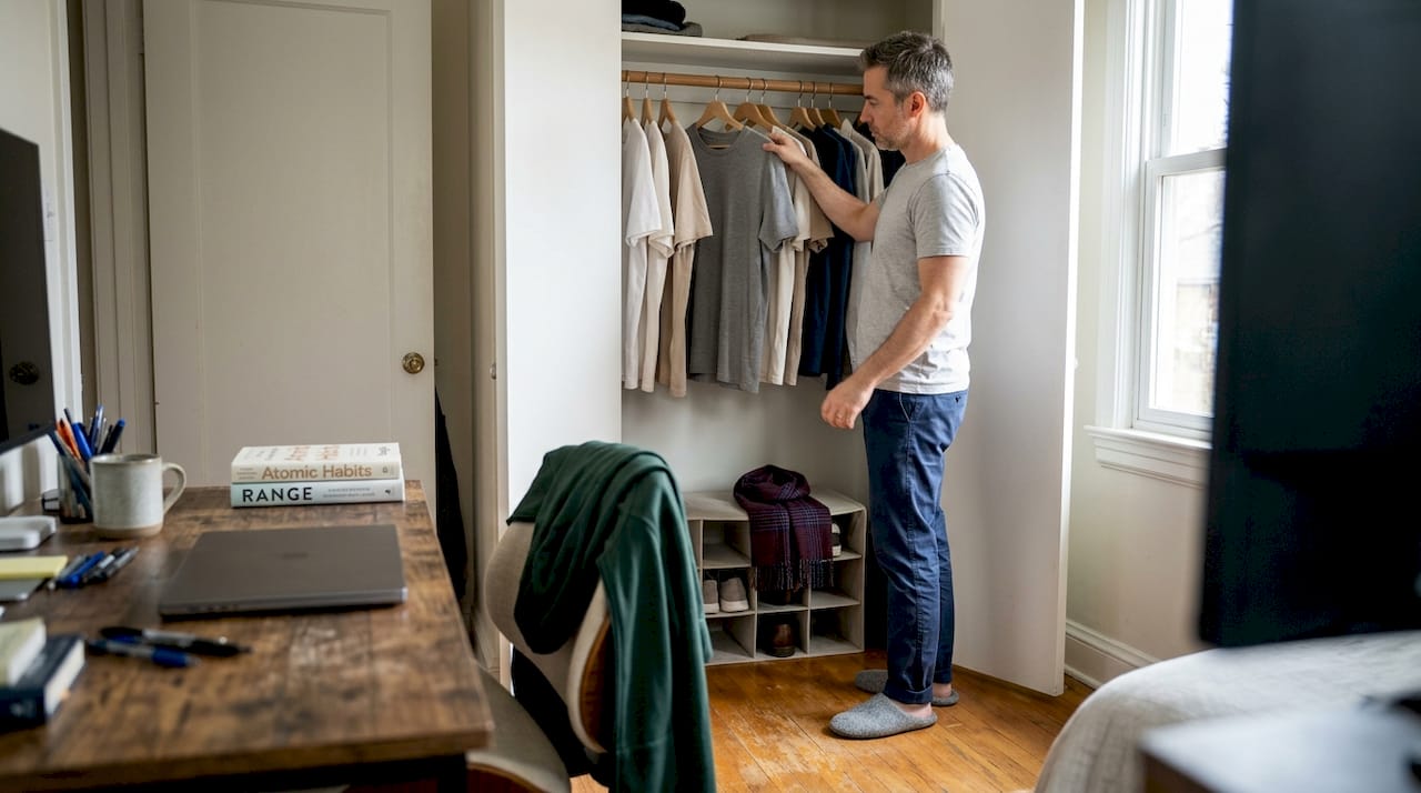 Man choosing layered minimalist wardrobe