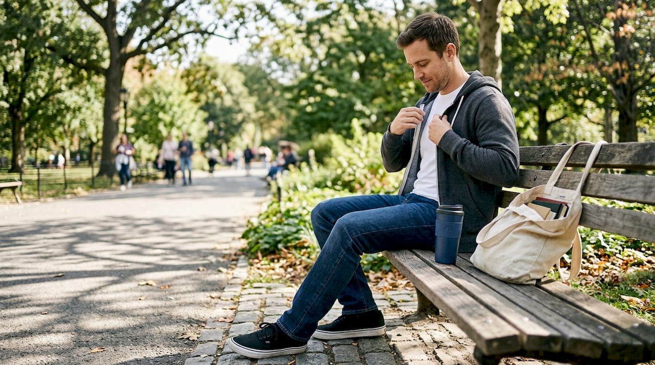Adjusting layered hoodie casual look outdoors
