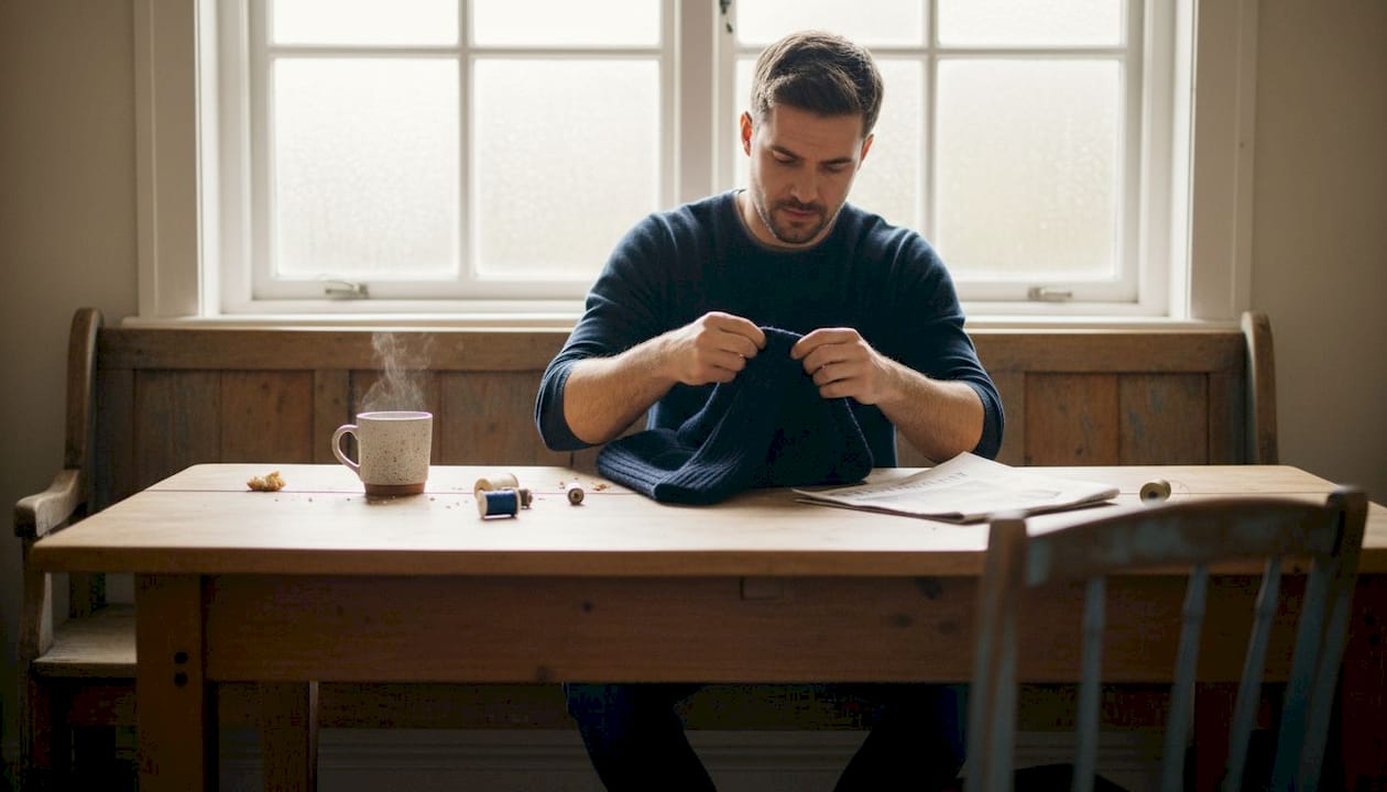 Man inspecting wool sweater material at table
