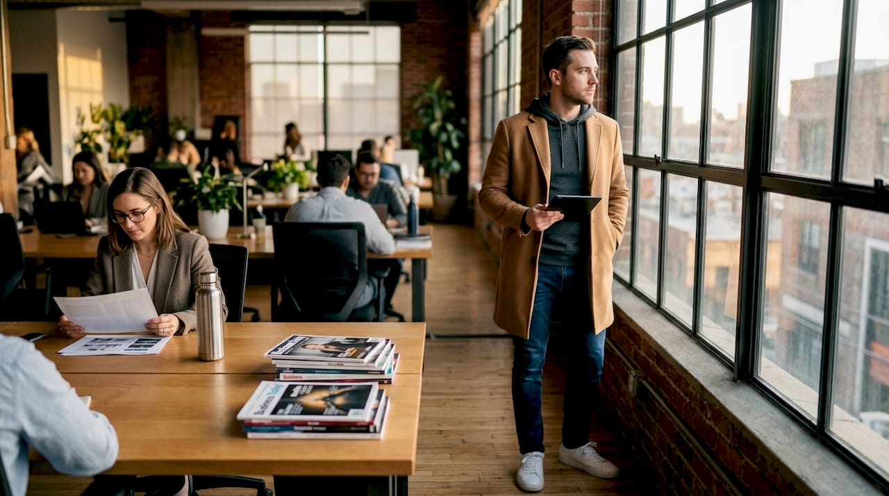 Man layering hoodie with overcoat at work
