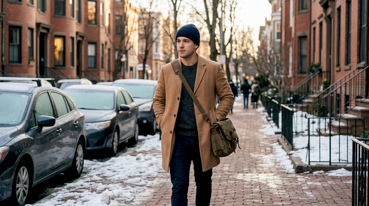 Man in stylish winter layers walking downtown