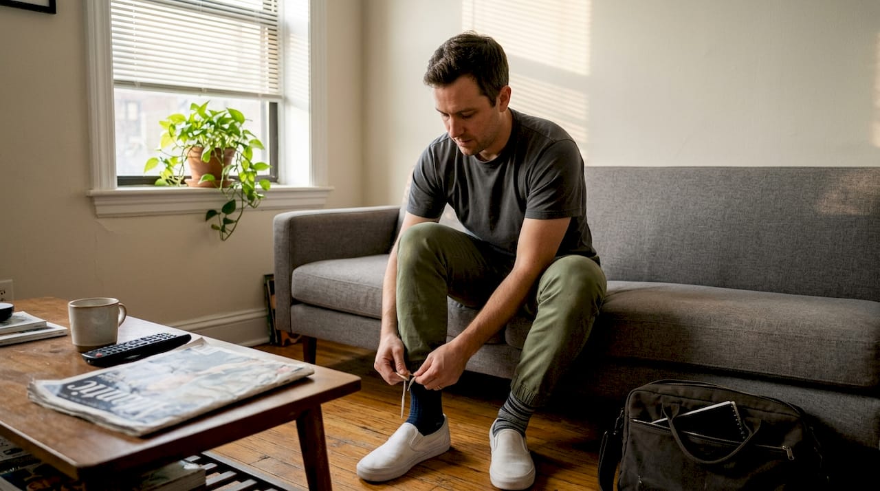 Man tying shoes in athleisure at home
