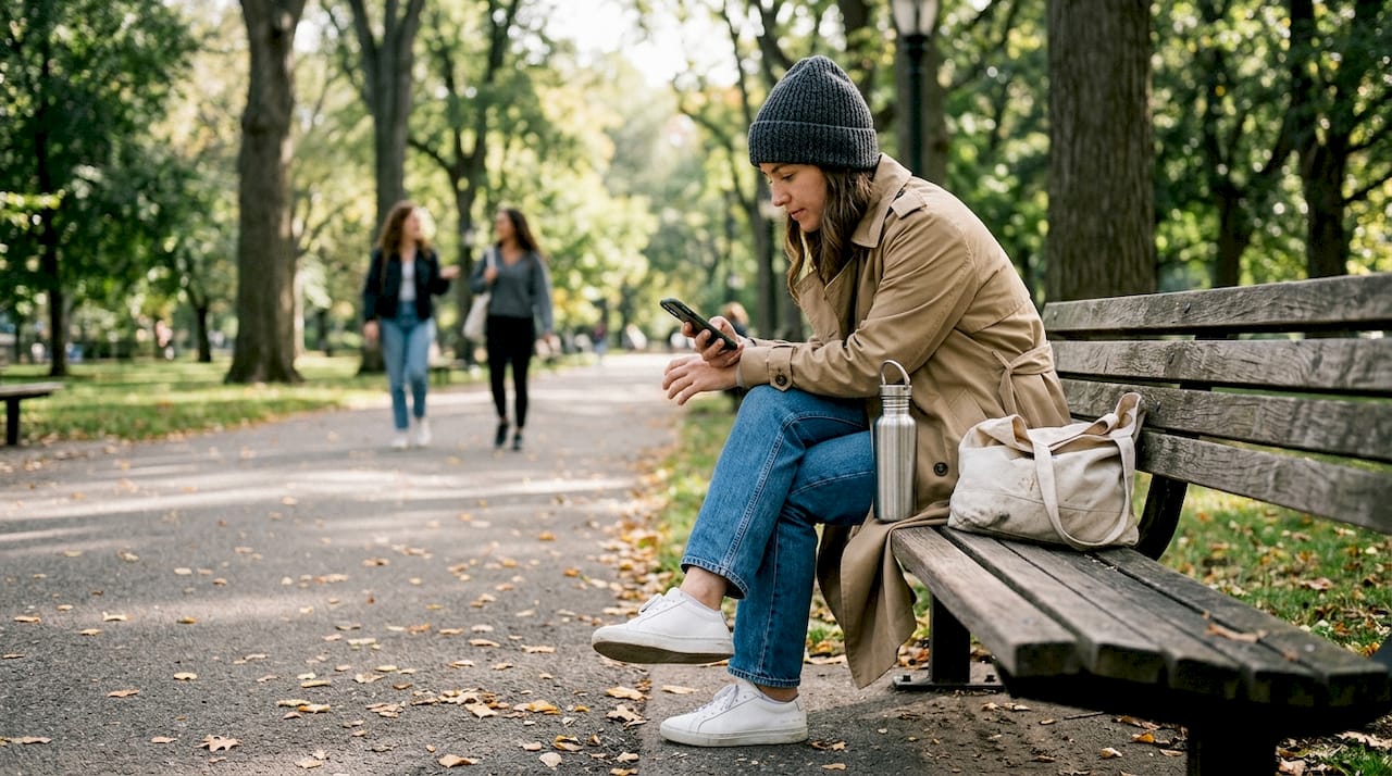 Woman in neutral beanie with tote bag outdoors