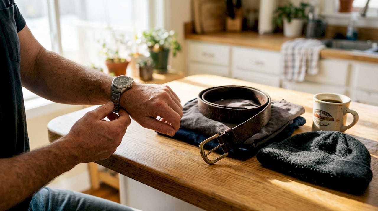 Closeup durable men accessories with natural wear