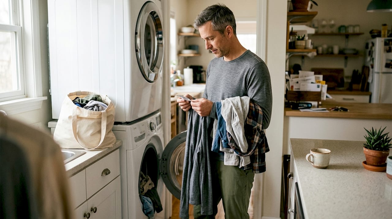 Man checking travel clothing fabric choices