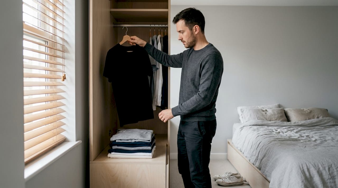 Man selecting clothes from minimalist wardrobe