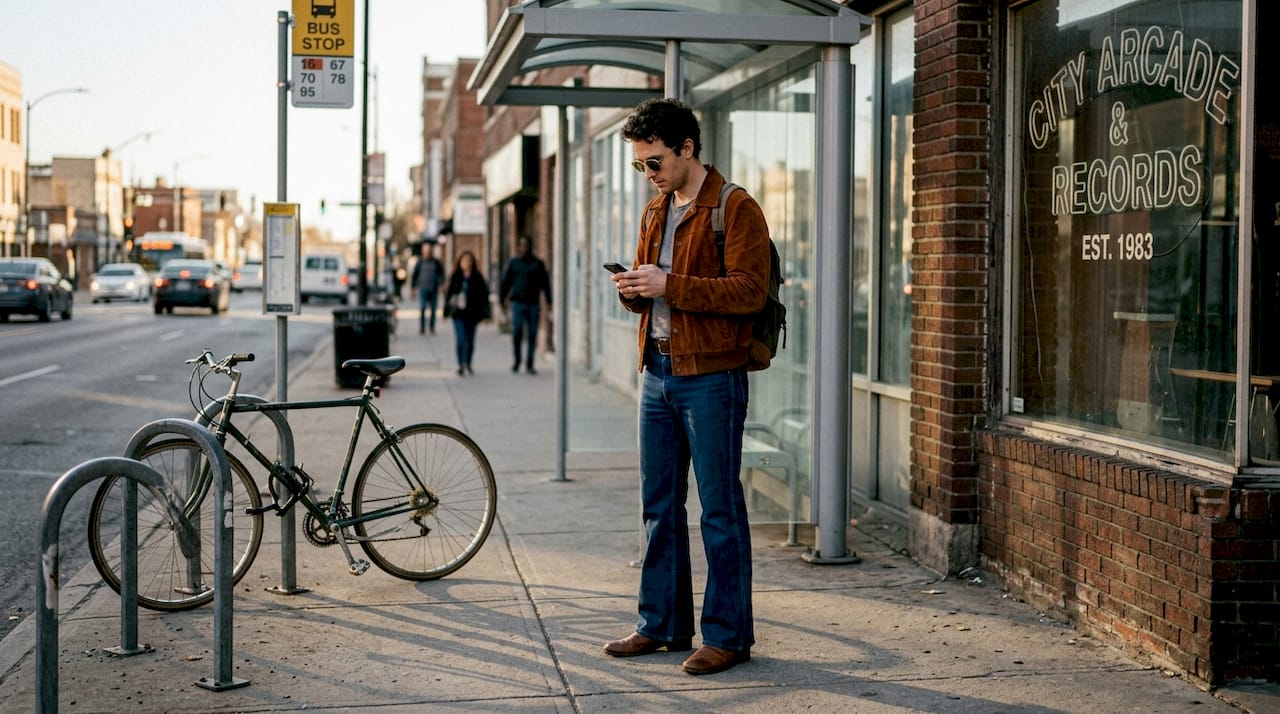 Man in 70s retro outfit on city street