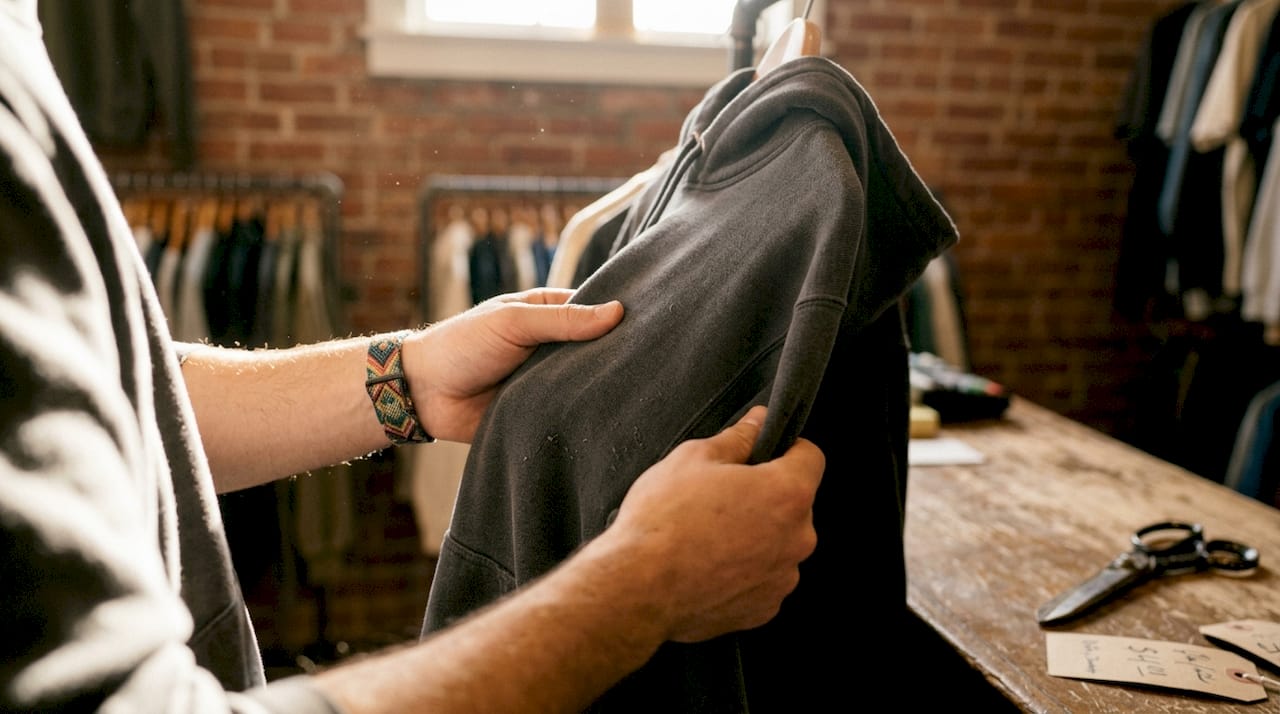 Close-up of hands inspecting urban hoodie fabric