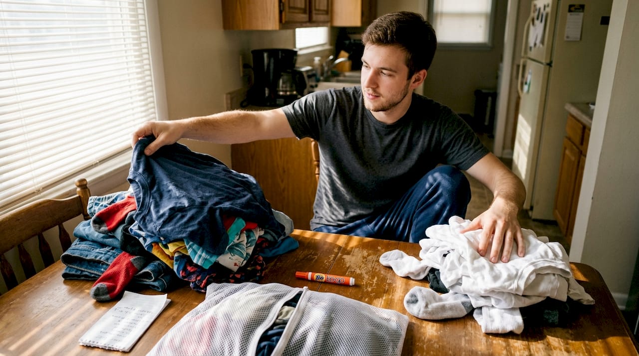 Man sorting clothes for laundry preparation
