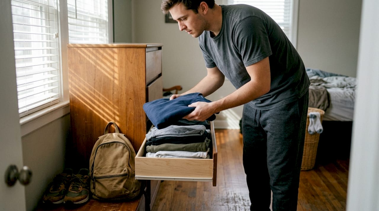 Man folding adaptable clothing in a drawer