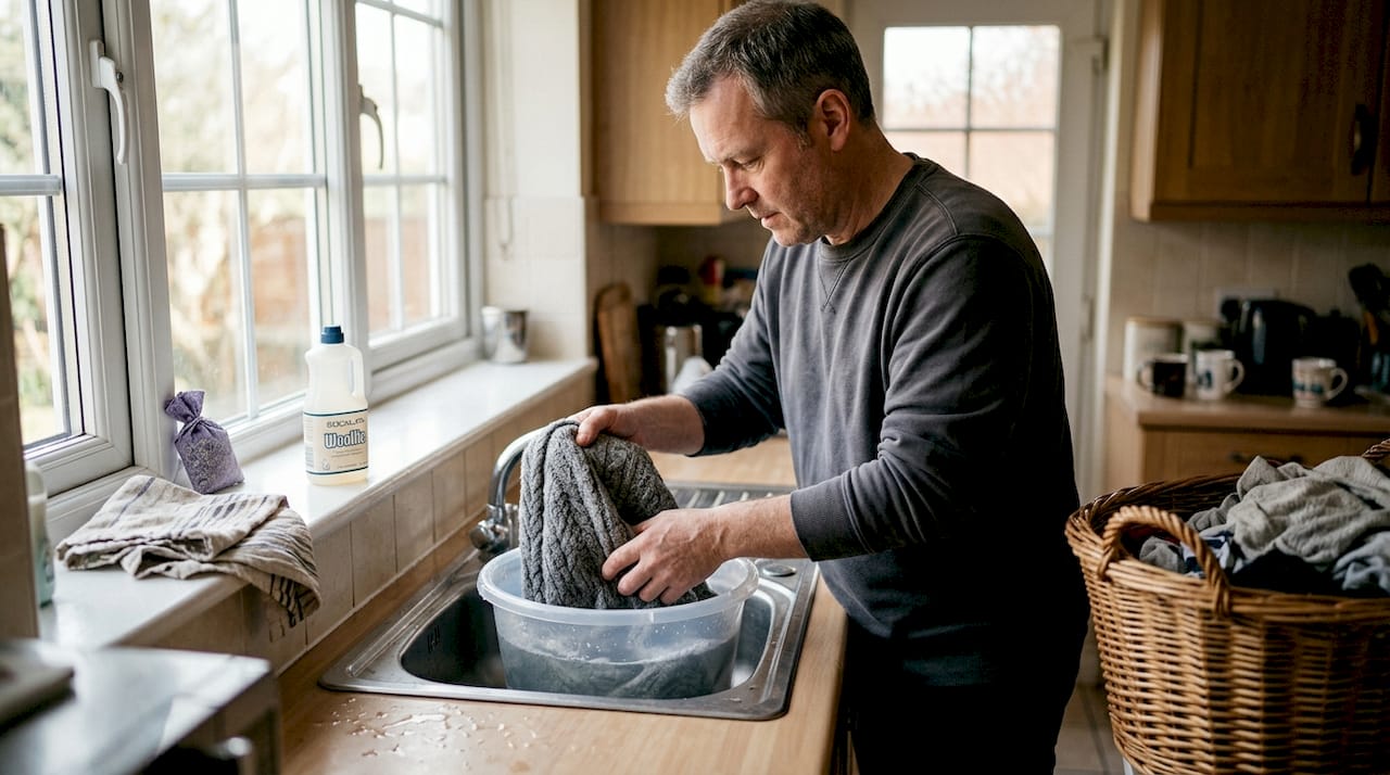 Man hand washing wool sweater in kitchen