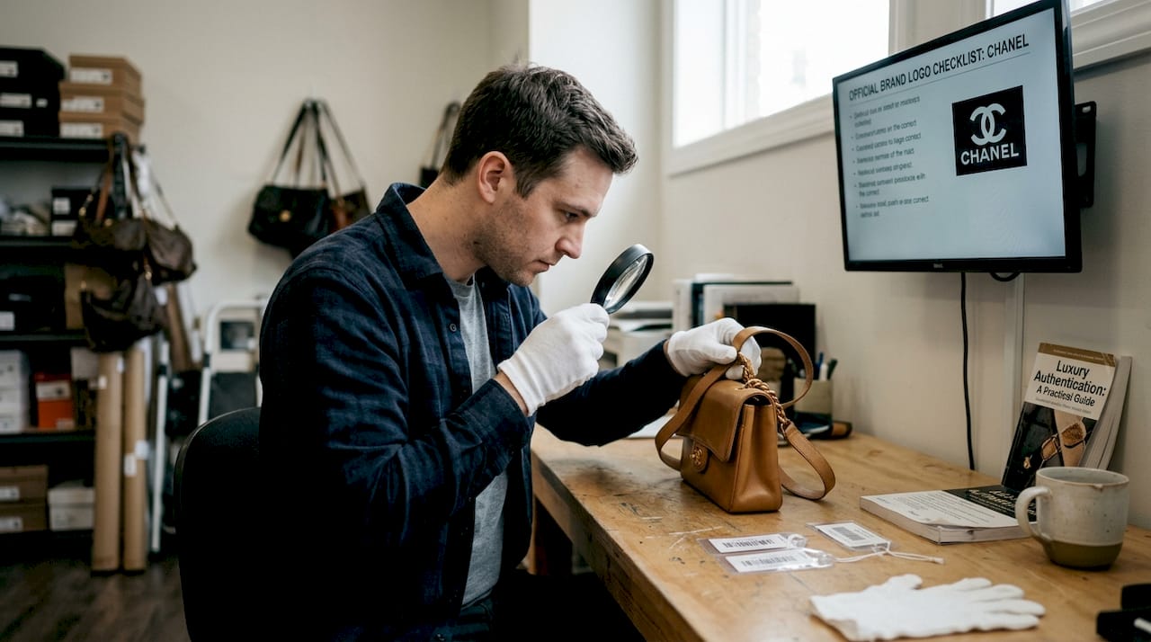 Authentication check of designer bag in boutique