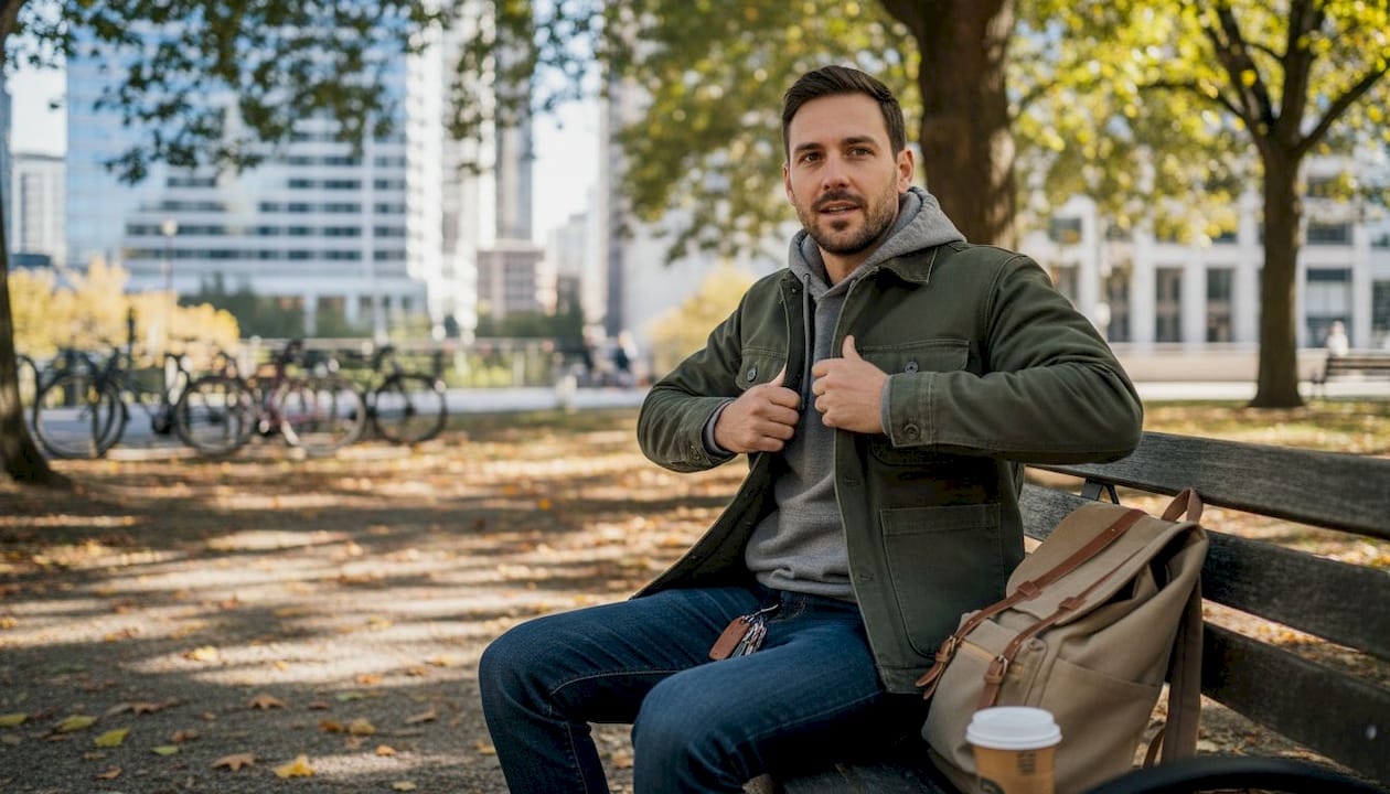 Man layering work jacket on park bench