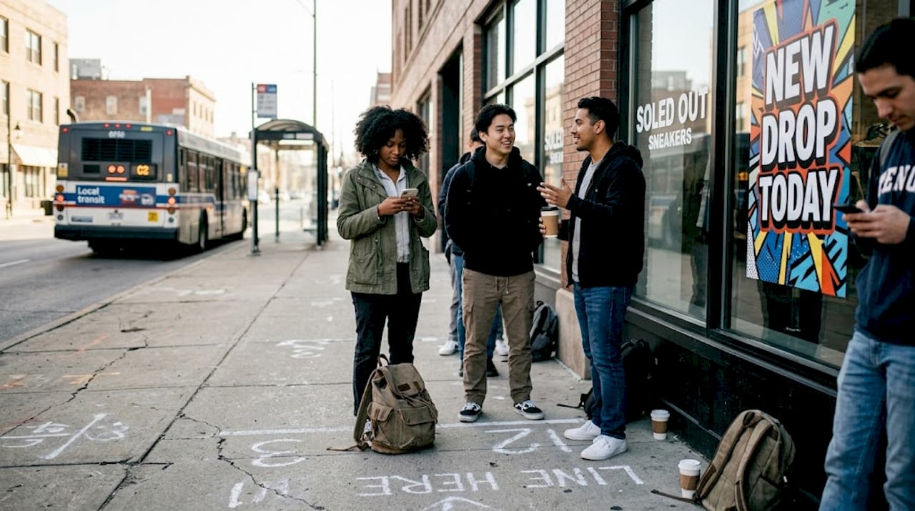 People waiting outside sneaker shop for release