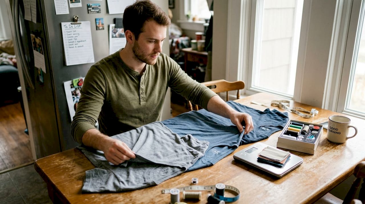 Man comparing t-shirt fabric weights at kitchen table