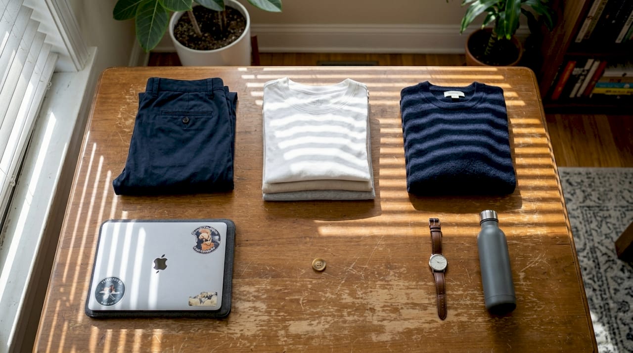 Neutral minimalist clothes folded on wood table