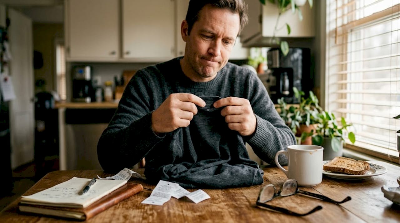 Man inspecting merino wool base layer shirt