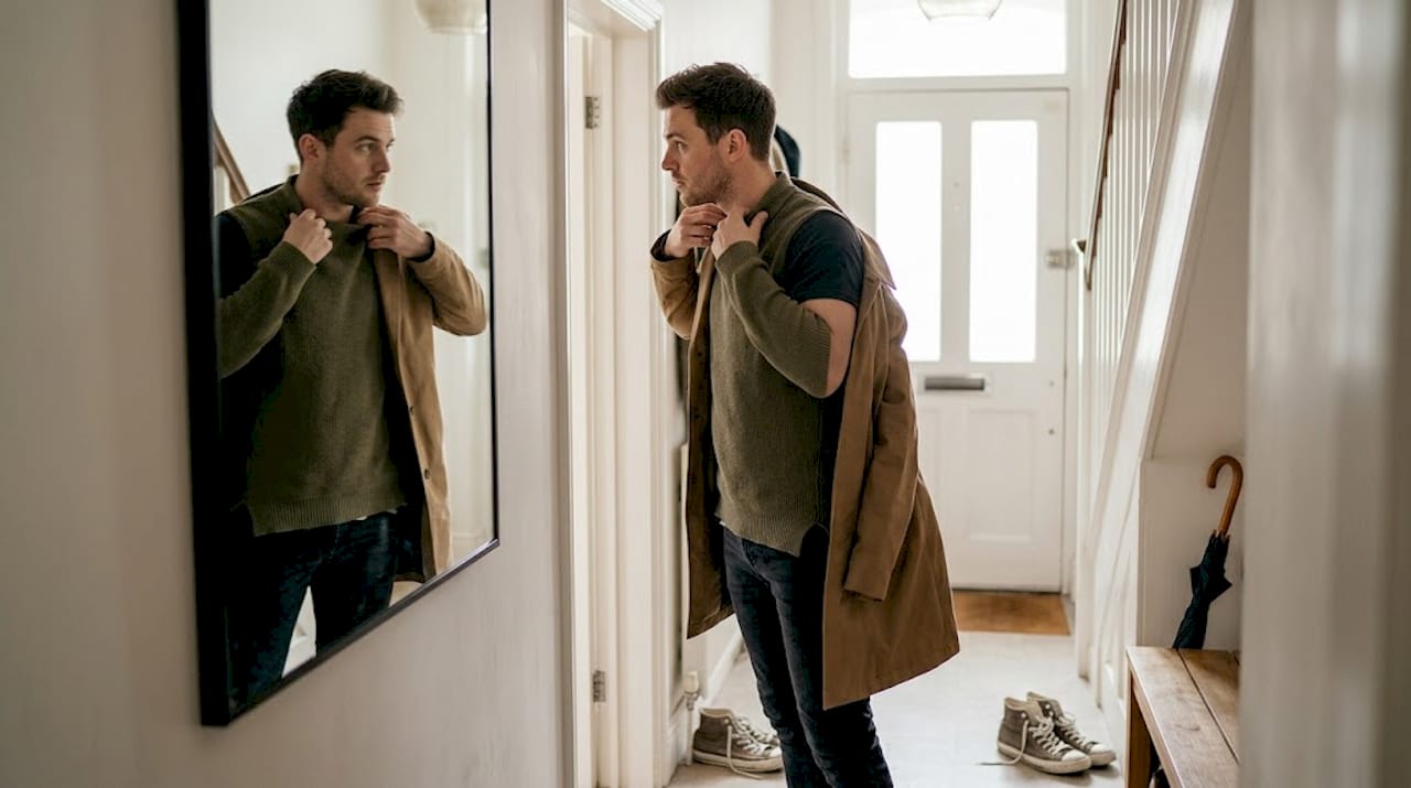 Man arranging layers in hallway mirror