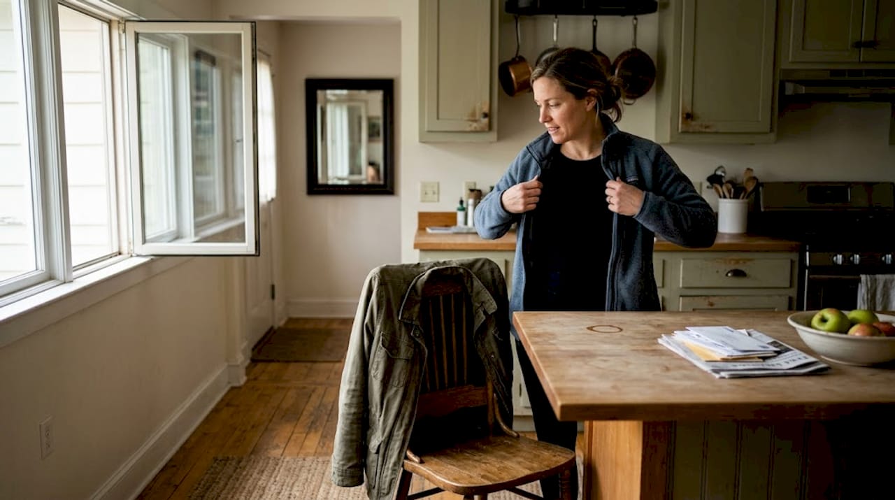 Woman assembling winter layered outfit