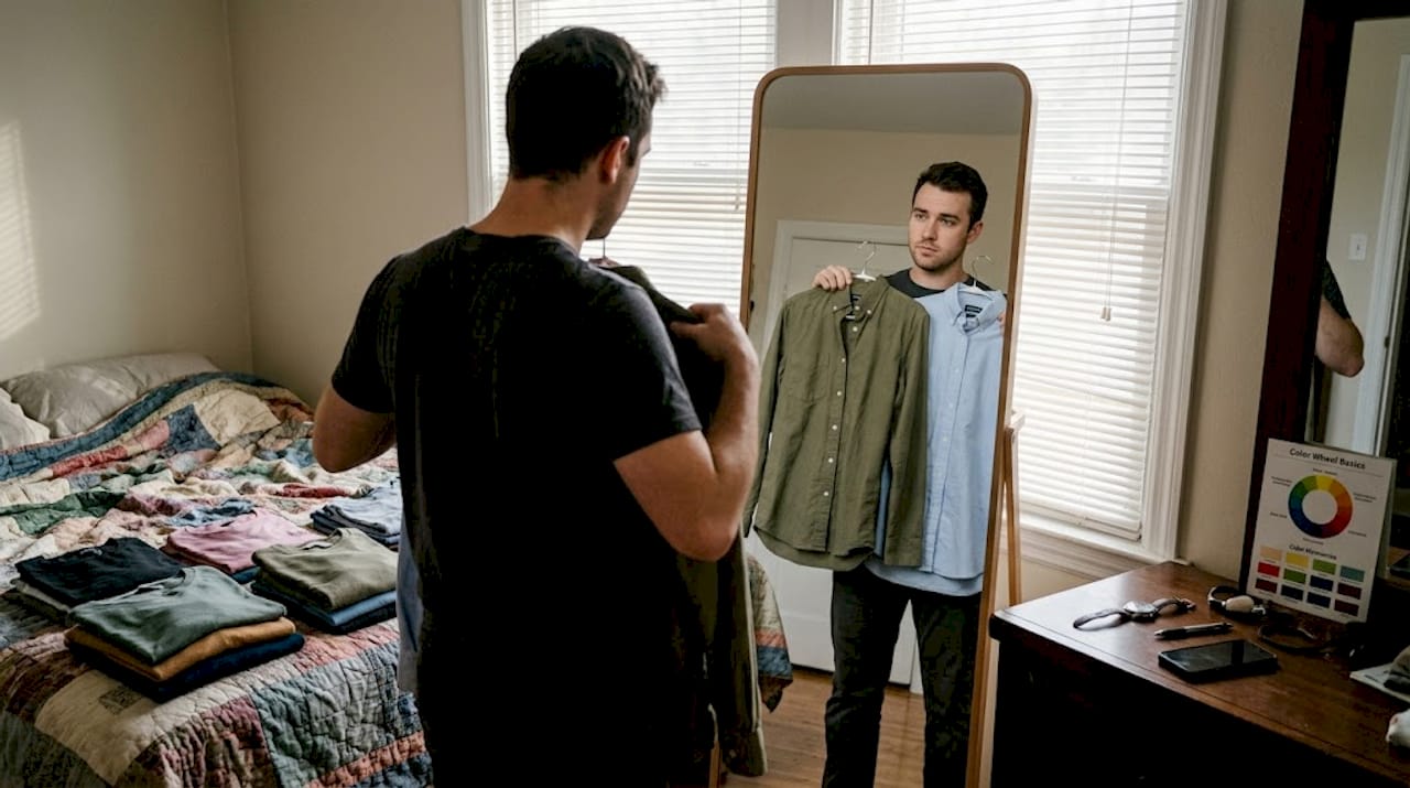 Man comparing shirt colors in mirror