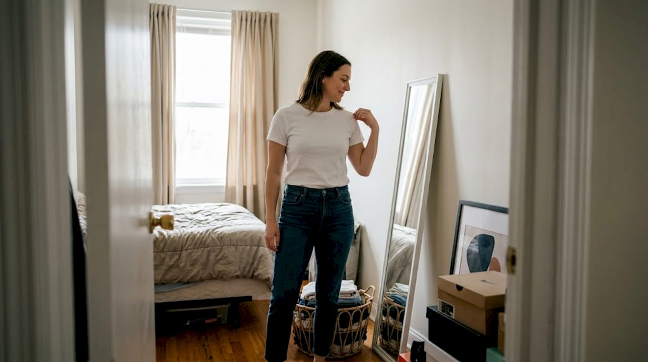Woman assessing t-shirt fit in bedroom mirror