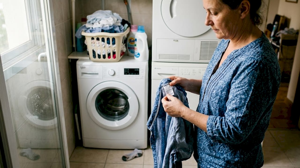 Person checks clothing label near laundry machine