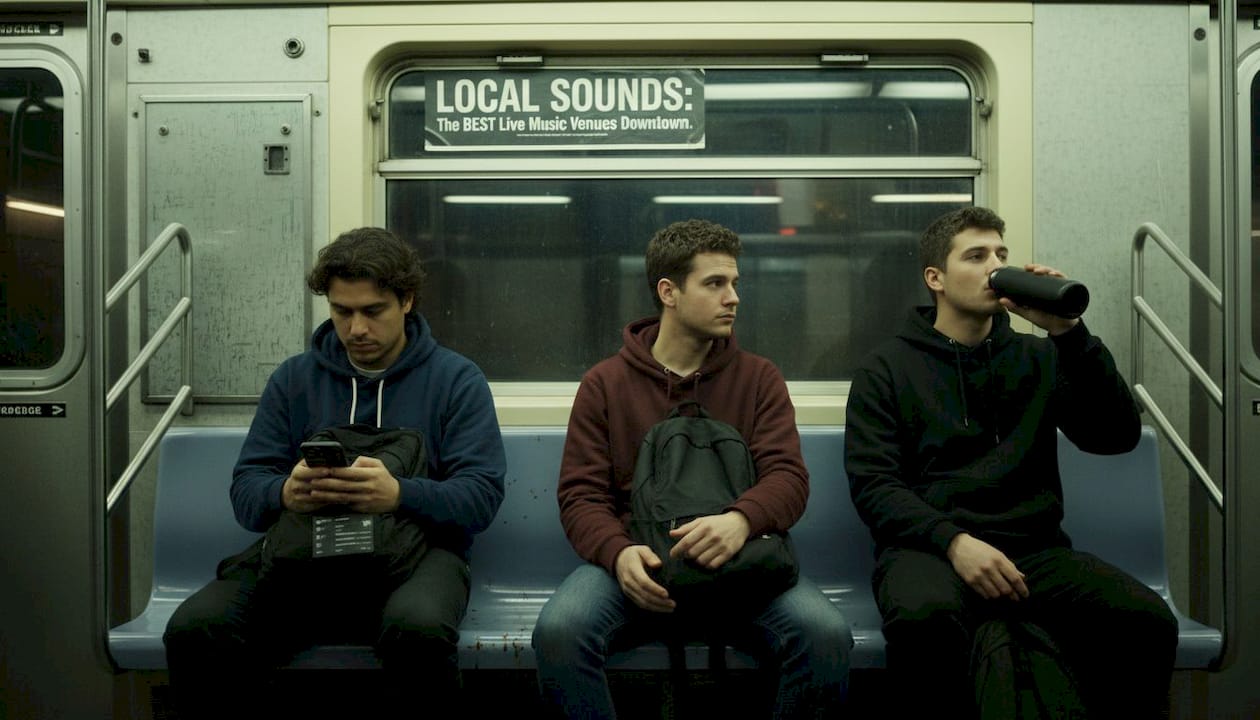 Friends in hoodies on subway car