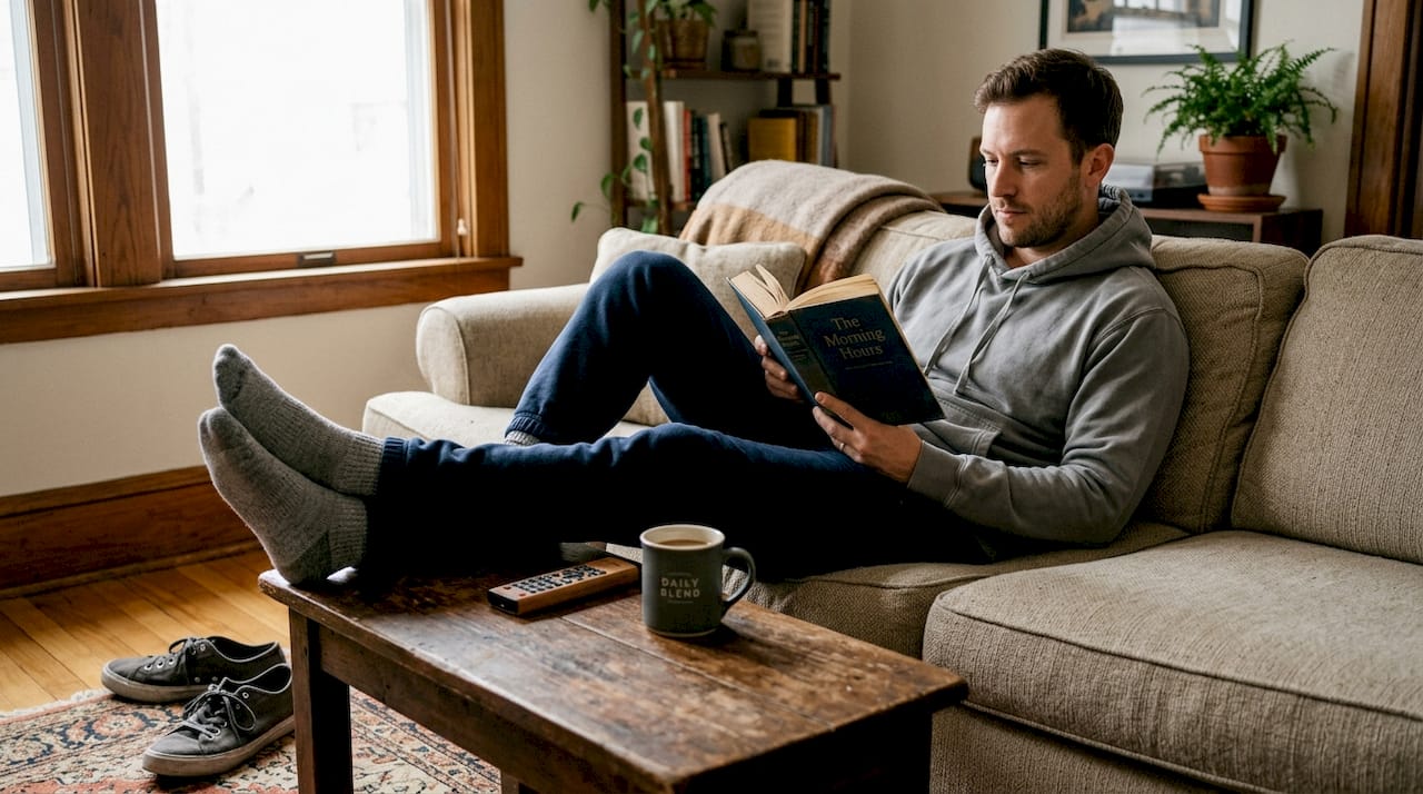 Man relaxing in pullover hoodie, reading on sofa